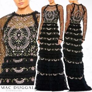 Mac Duggal 8030 Floral Embroidered Mesh Long Sleeve Column Gown, $798, Size 2